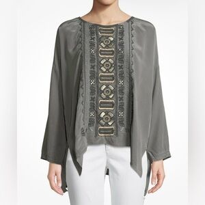 Biya Johnny Was Alka Silk Blouse Large New NWT Gray $310 Embroidered